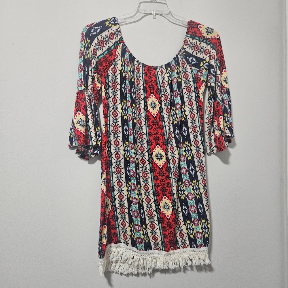 Cezanne Tribal Print Fringe Tunic Dress Multi-Color Bell Sleeve Boho Womens S‎